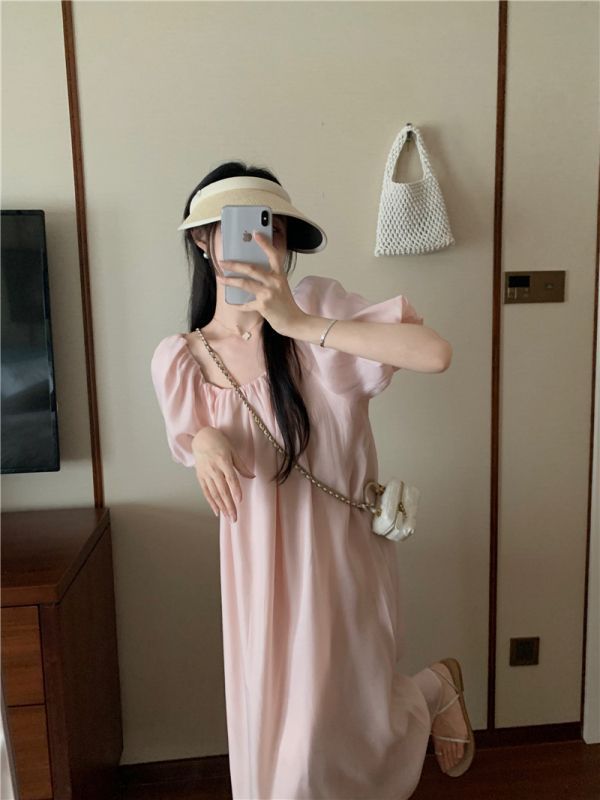甜美短袖連衣裙仙女夏季溫柔法式粉色泡泡袖裙子方領氣質a字長裙