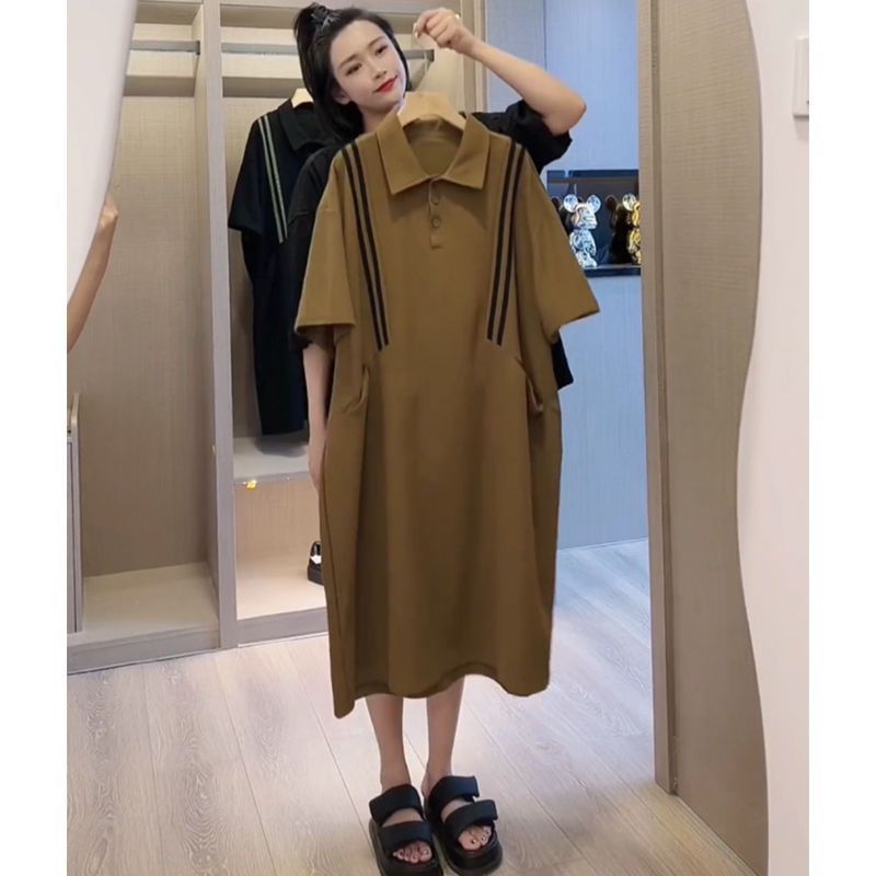 European goods polo skirt large size fat mm fashion women's mid-length summer large size women's clothing loose belly-covering thin dress