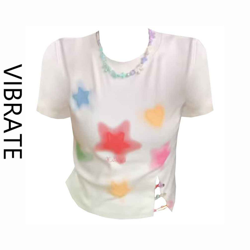 VIBRATE niche white irregular slit print front shoulder short-sleeved t-shirt women's summer American hot girl top