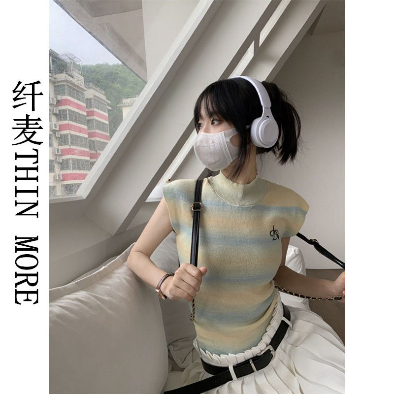 Fiber wheat THIN MORE striped knitted t-shirt women's summer slim short design sense sleeveless short-sleeved top ins