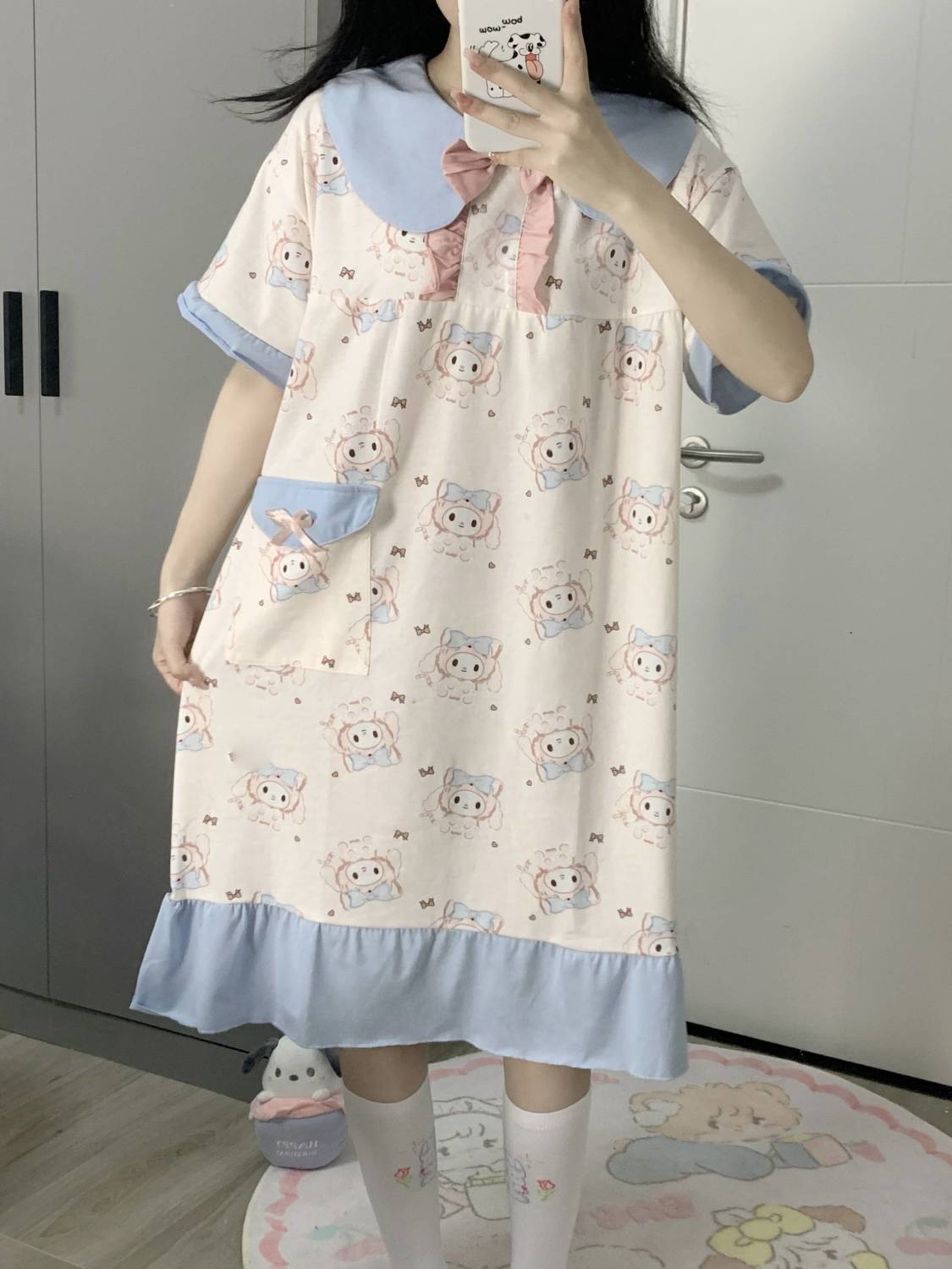 Melody nightdress women's summer new doll collar short-sleeved loose cute cartoon pajamas home clothes dress