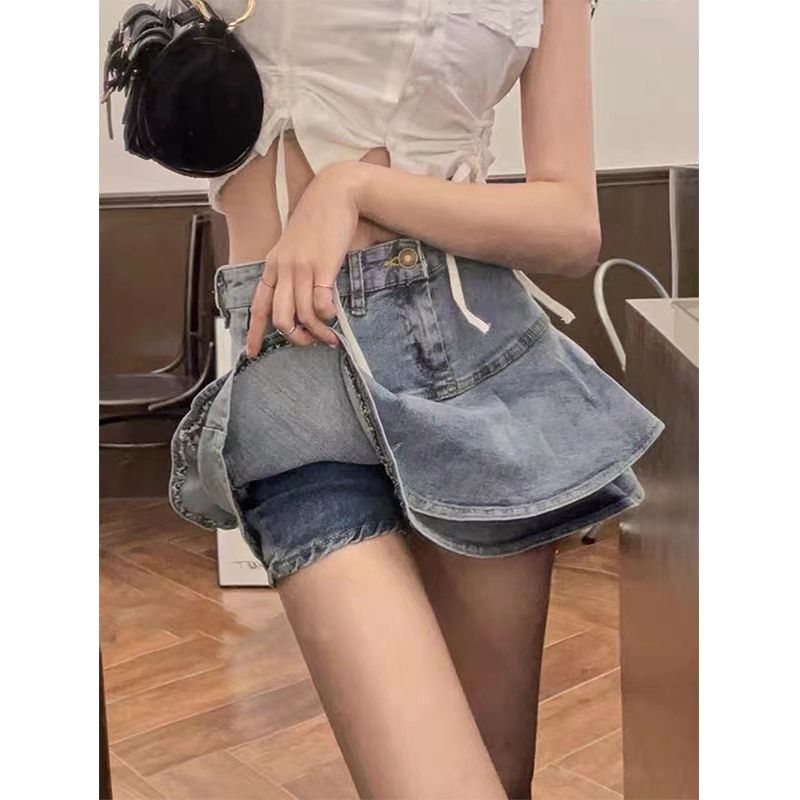 魚尾牛仔裙女夏季新款防走光荷葉邊短裙大碼遮胯a字包臀半身裙子