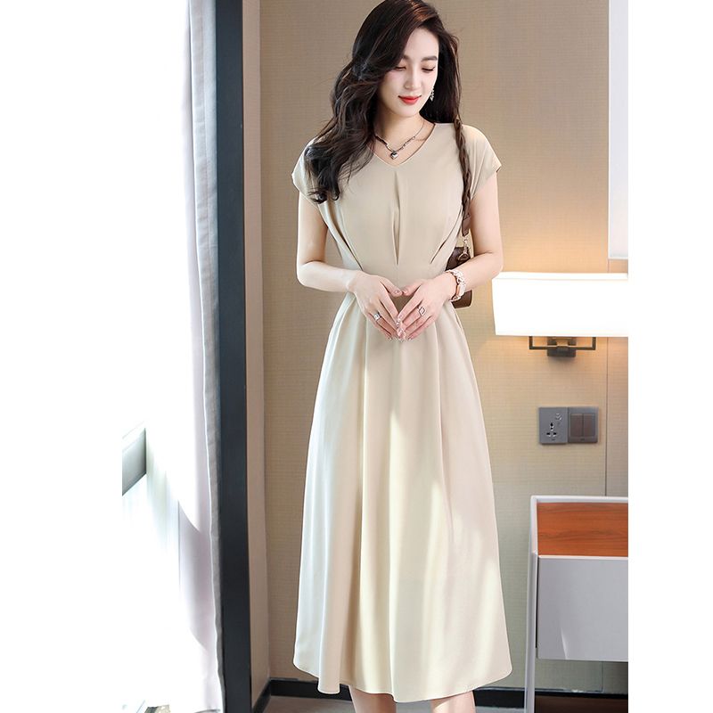 Summer new apricot-colored dress female waist slimming commuting temperament socialite elegant intellectual high-end mid-length