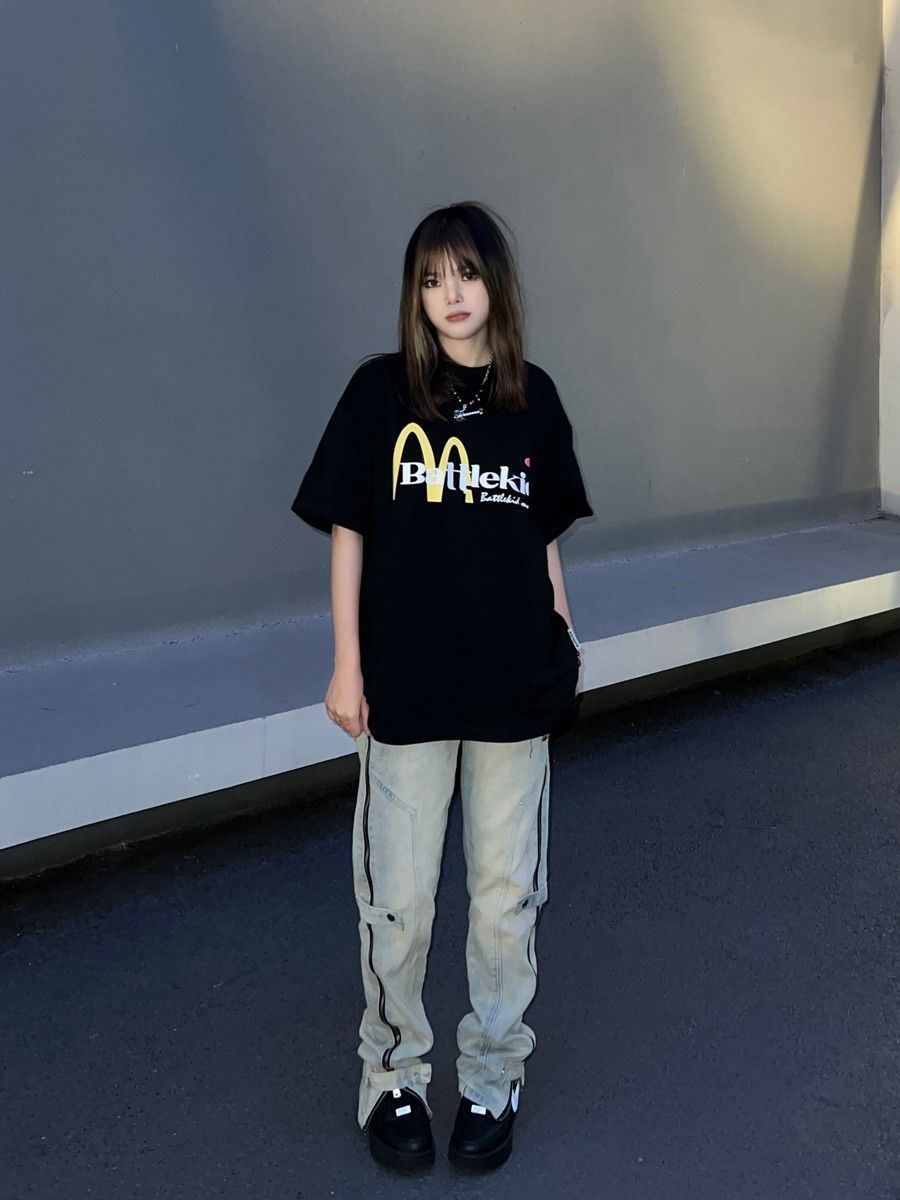 重磅純棉美式復古大M漢堡薯條印花短袖t恤女夏季新款寬鬆上衣ins