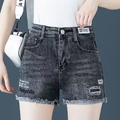 高腰牛仔短褲女夏季薄款2023新款韓版寬胖人繡女褲顯瘦煙灰色褲子