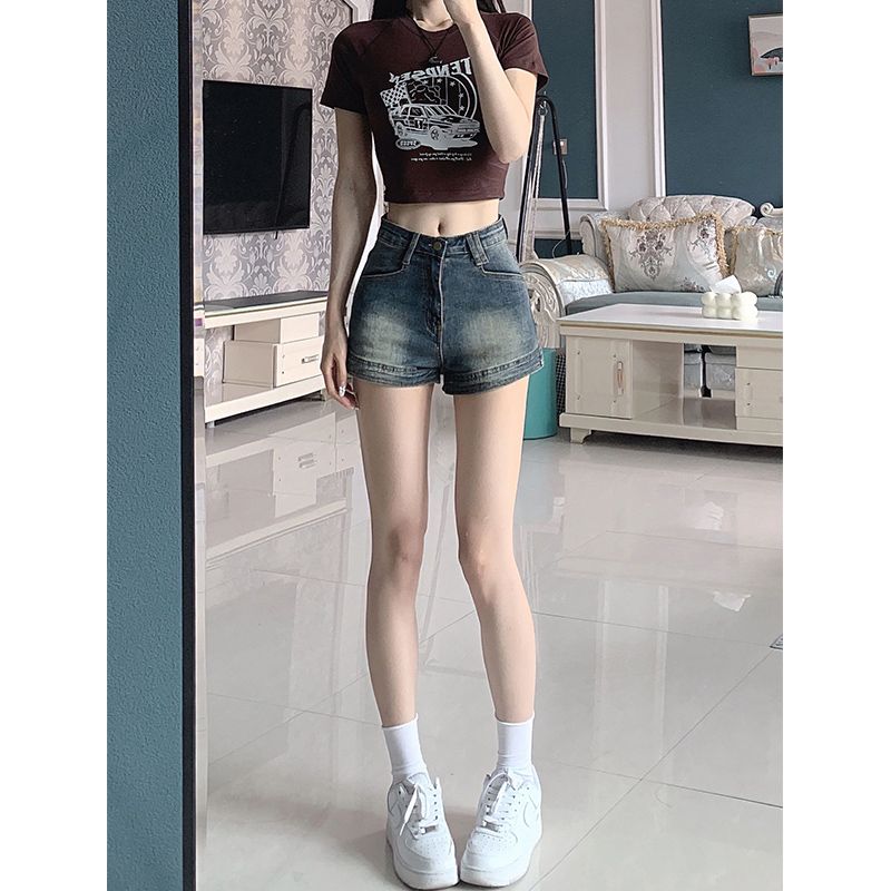 Retro chic summer hot girl high-waisted stretch denim shorts for women slimming and hip-hugging A-line ultra-short hot pants trendy