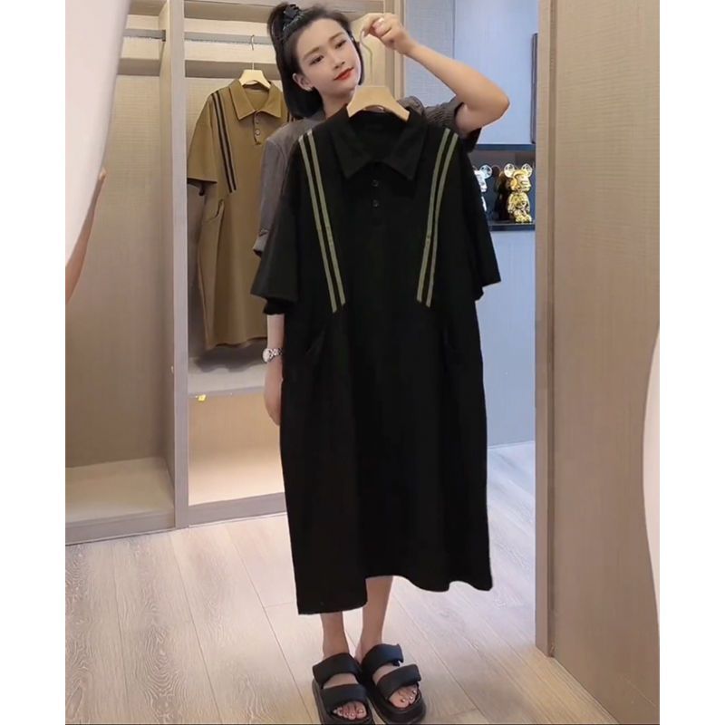 European goods polo skirt large size fat mm fashion women's mid-length summer large size women's clothing loose belly-covering thin dress