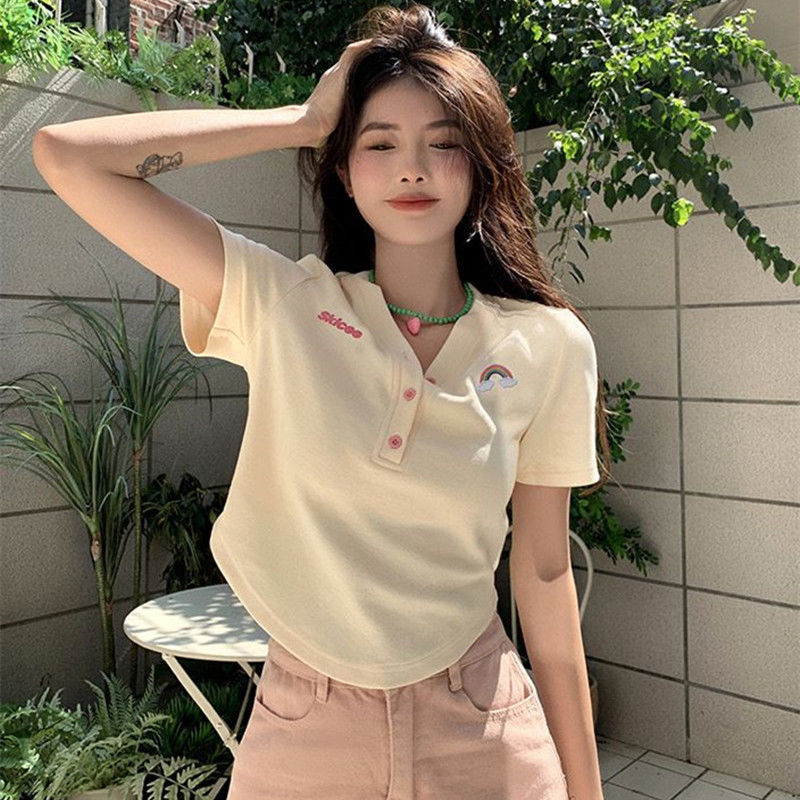 Spice girl summer design sense niche loose slim high-end short section curved hem top shoulder t-shirt work v-neck