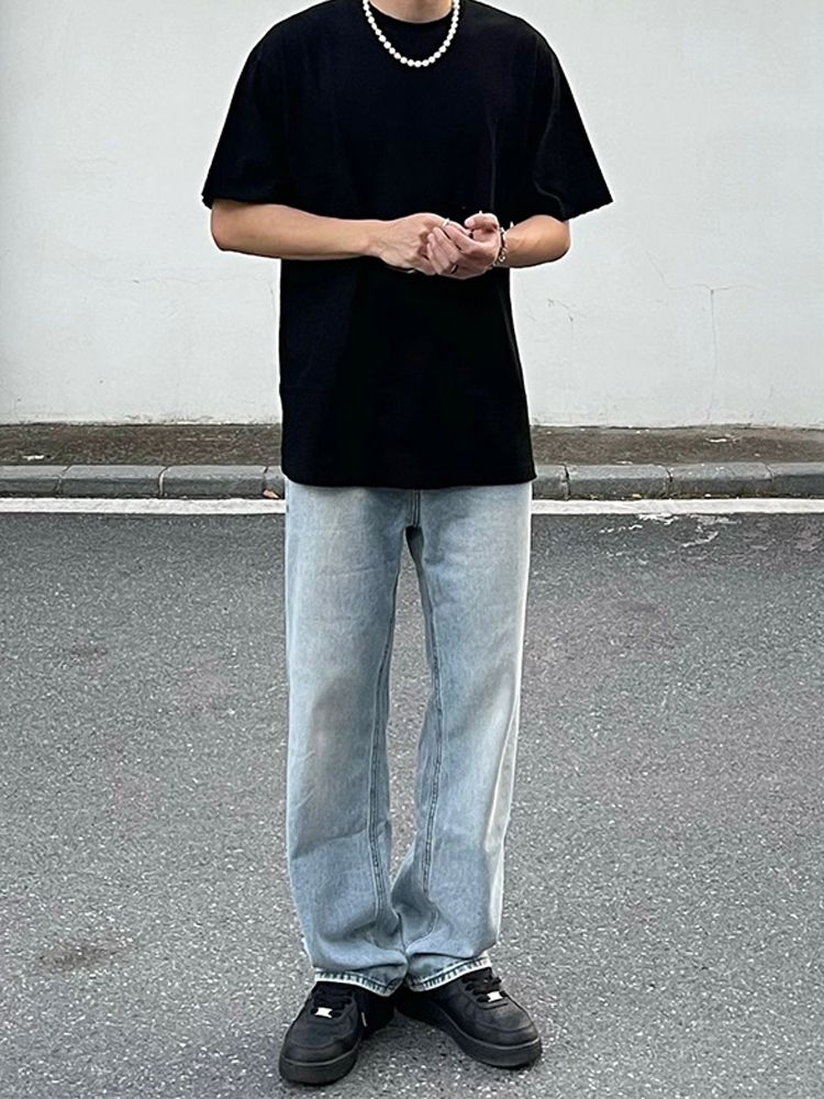100%純棉純黑色短袖男款夏季簡約t恤美式純色復古百搭學生半袖男