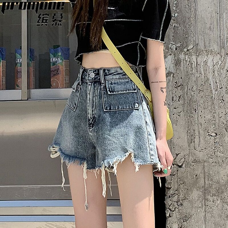 [PROMONE] High-waisted A-line denim shorts for women, summer thin, retro, slimming, loose wide-leg raw edge hot pants