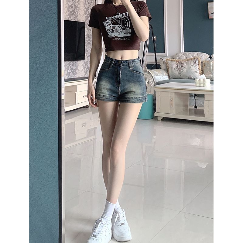 Retro chic summer hot girl high-waisted stretch denim shorts for women slimming and hip-hugging A-line ultra-short hot pants trendy