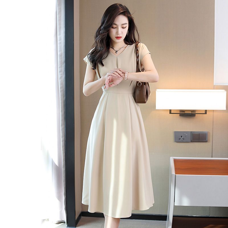 Summer new apricot-colored dress female waist slimming commuting temperament socialite elegant intellectual high-end mid-length