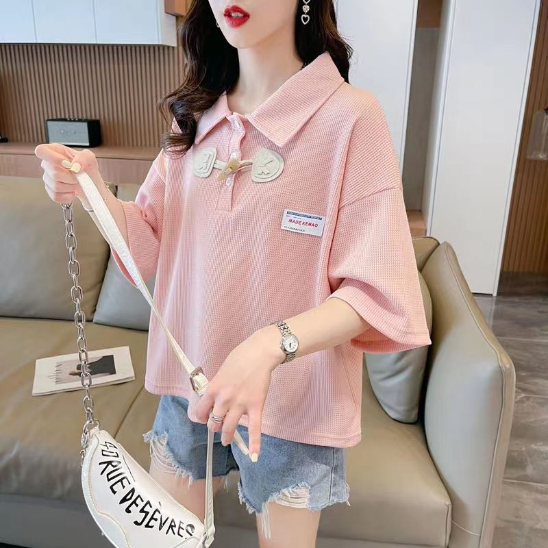 Niche design short-sleeved t-shirt women's summer Korean version loose small lapel polo shirt half-sleeved short top