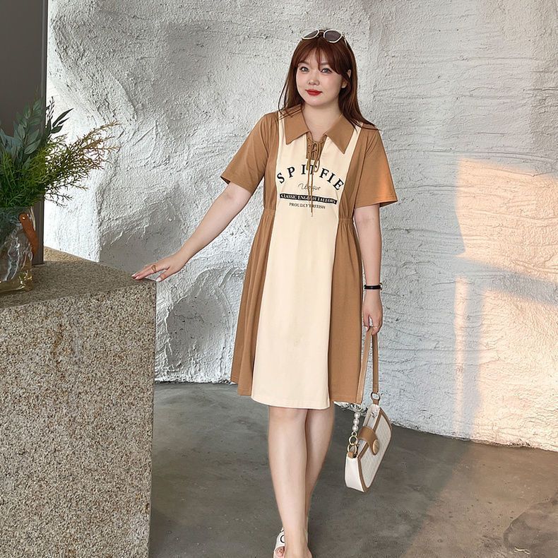 Plus-size splicing polo dress women's summer new style fat mm waist slimming long knee-covering casual skirt