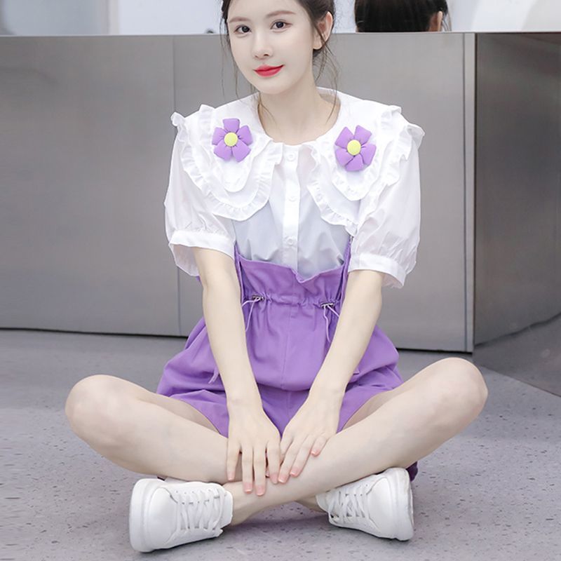 小清新減齡收腰牛仔背帶短褲夏季2023韓版新款娃娃領花朵襯衫套裝