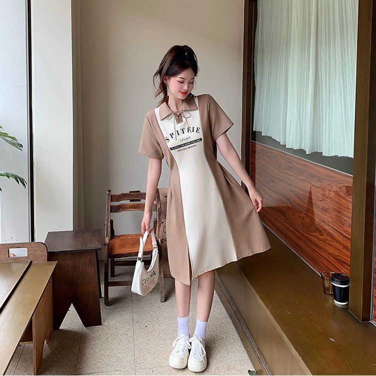 Polo collar shirt with a-line skirt summer fat MM large size retro color matching printed casual dress female slim