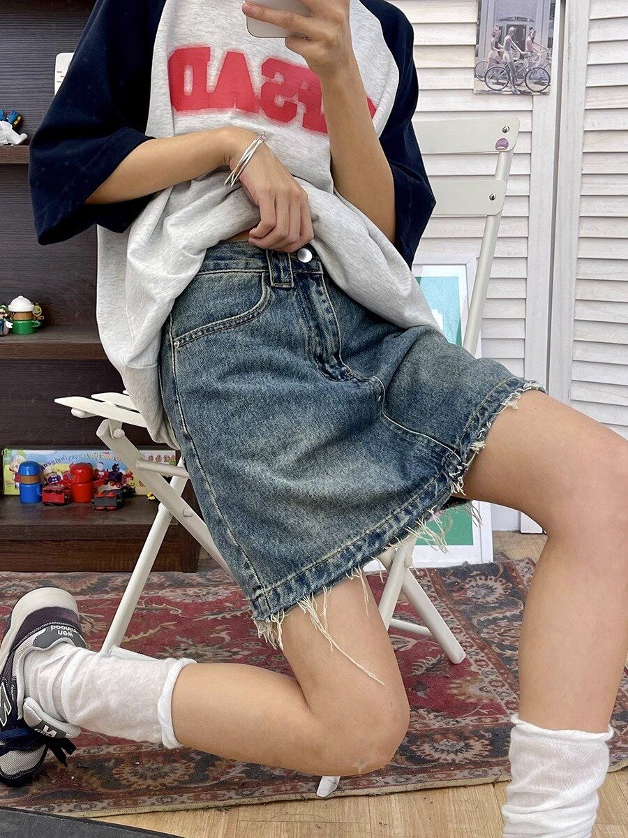 大碼美式復古高腰牛仔半身裙女夏季胖mm梨形身材遮胯顯瘦A字短裙