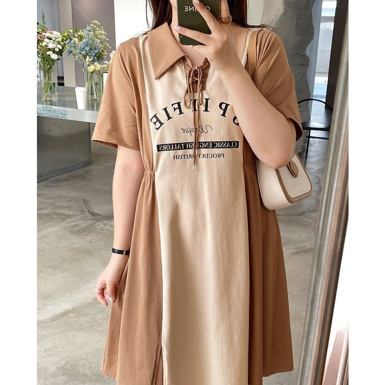 Plus-size splicing polo dress women's summer new style fat mm waist slimming long knee-covering casual skirt