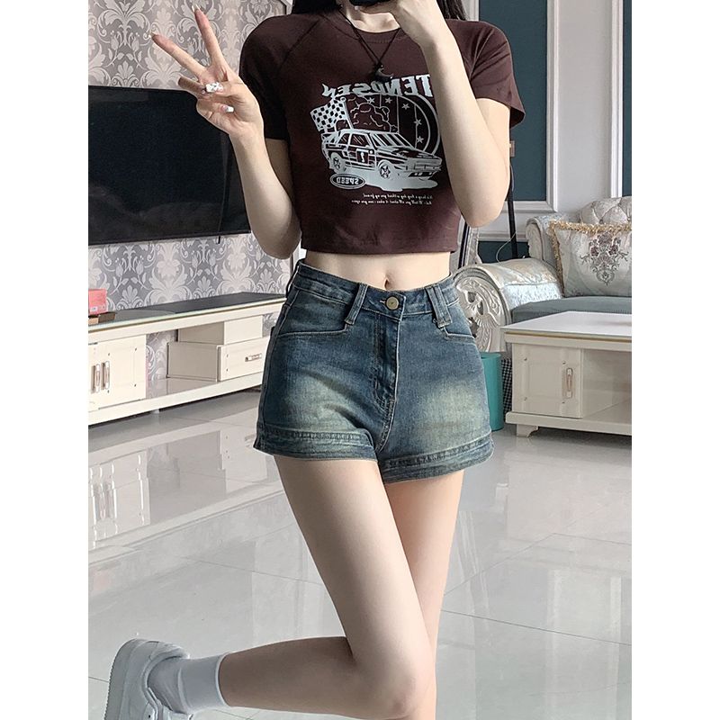 Retro chic summer hot girl high-waisted stretch denim shorts for women slimming and hip-hugging A-line ultra-short hot pants trendy