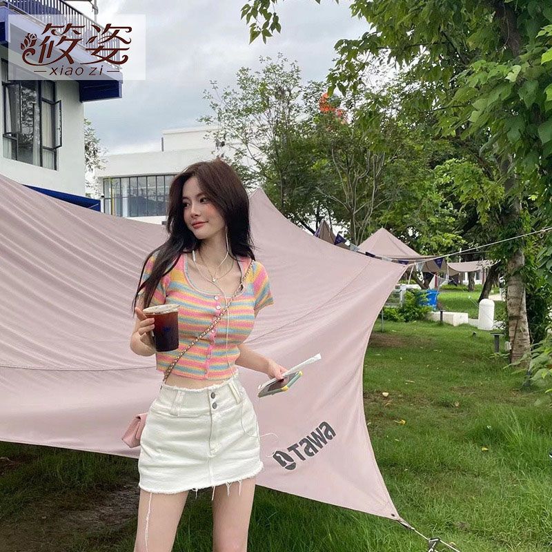筱姿韓系chic百搭條紋短袖方領T恤女夏裝甜辣風顯瘦別致針織開衫