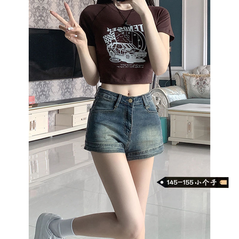 Retro chic summer hot girl high-waisted stretch denim shorts for women slimming and hip-hugging A-line ultra-short hot pants trendy