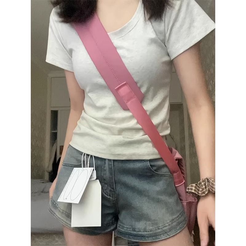 U-neck gray front shoulder short-sleeved t-shirt women's summer American style slimming slim design sense niche pure cotton bottoming shirt top