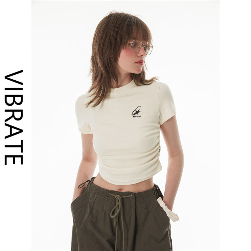 VIBRATE national tide star high waist pleats show figure short-sleeved female navel hot girl top short T-shirt ins tide