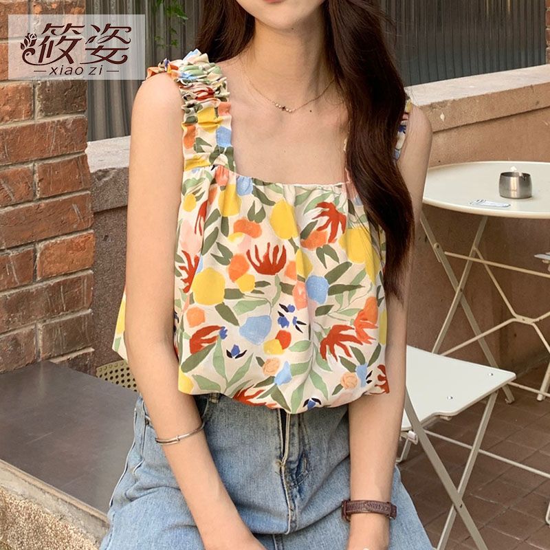筱姿海邊碎花背心吊帶女外穿夏季設計感小眾短款無袖法式甜辣上衣