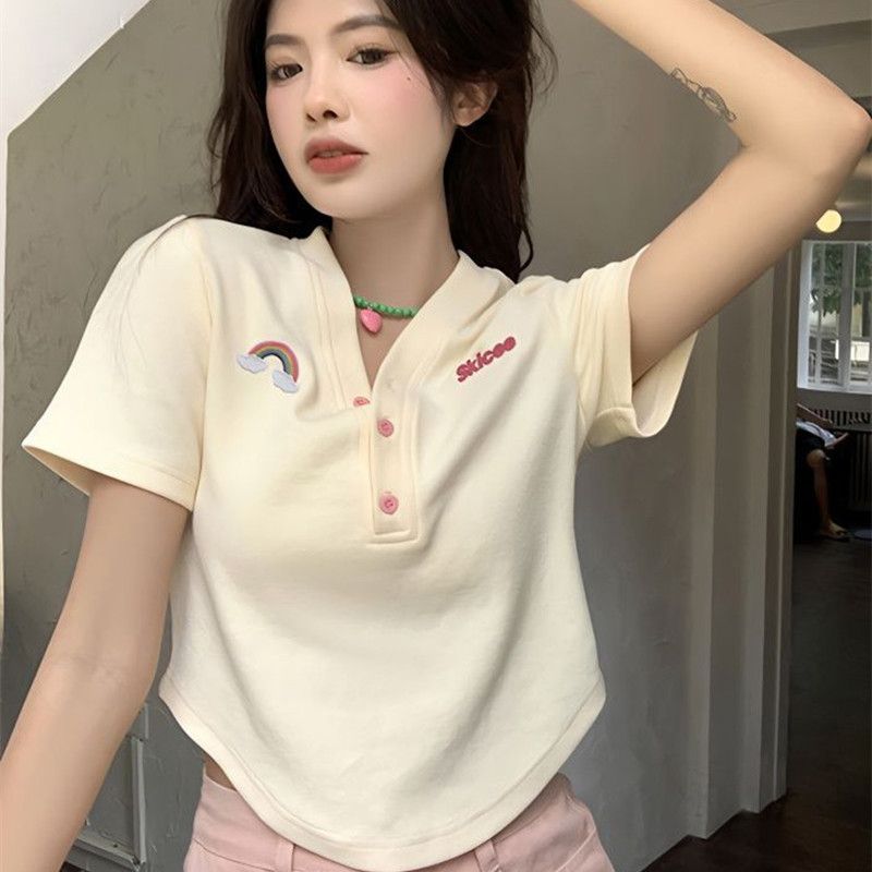V-neck embroidered button short-sleeved shoulder t-shirt women's summer design sense sweet hot girl slim chic short top casual