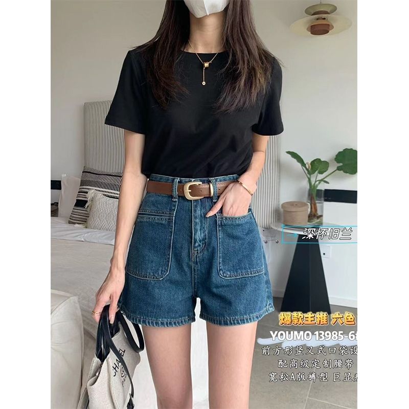 European retro denim shorts women's 2023 summer new high waist all-match pocket a-line slim wide-leg hot pants trend