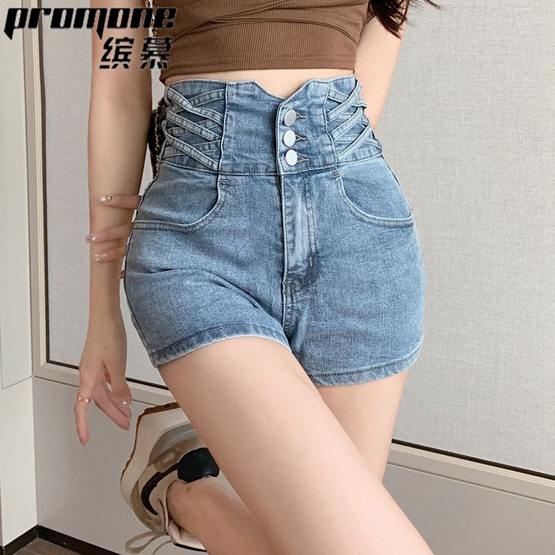 【PROMONE】Three-breasted high-waisted denim shorts for women, new thin style, slimming belly-covering tight straight pants