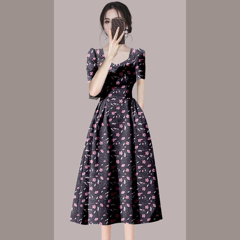 杭州真絲夏季短袖法式碎花連衣裙女裝2023新款高級氣質A字中長裙