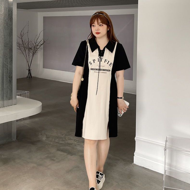 Plus-size splicing polo dress women's summer new style fat mm waist slimming long knee-covering casual skirt