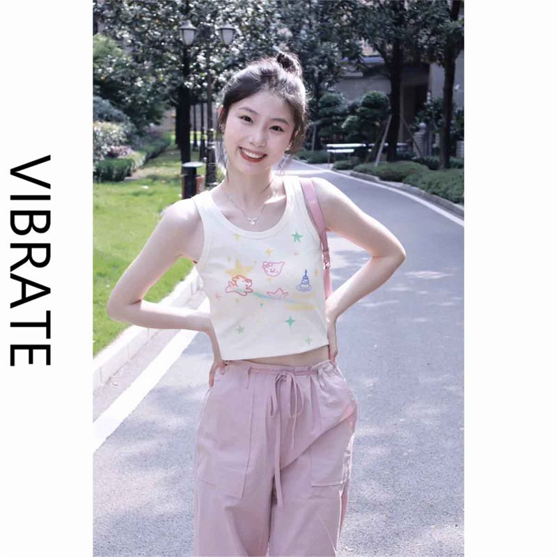 VIBRATE韓版塗鴉印花吊帶背心女內搭夏季新款修身顯瘦短款上衣女