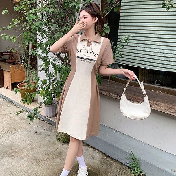 Polo collar shirt with a-line skirt summer fat MM large size retro color matching printed casual dress female slim