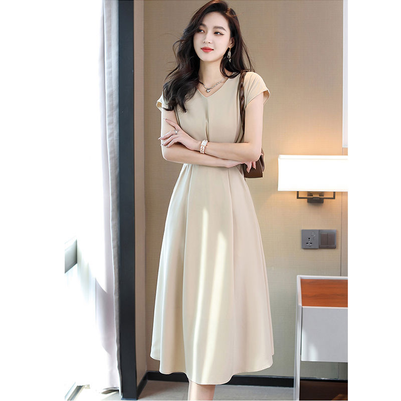 Summer new apricot-colored dress female waist slimming commuting temperament socialite elegant intellectual high-end mid-length