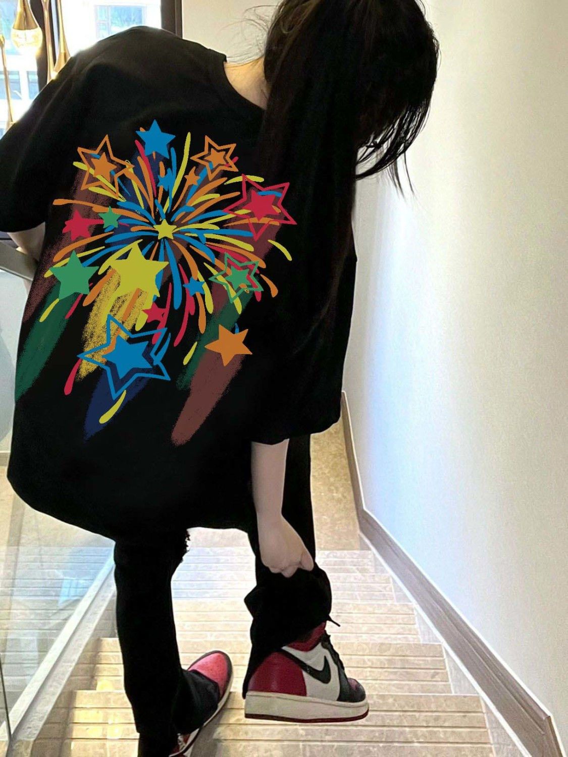 Graffiti star printing summer 100% cotton short-sleeved T-shirt women's loose couple ins trendy brand Hong Kong style chic top