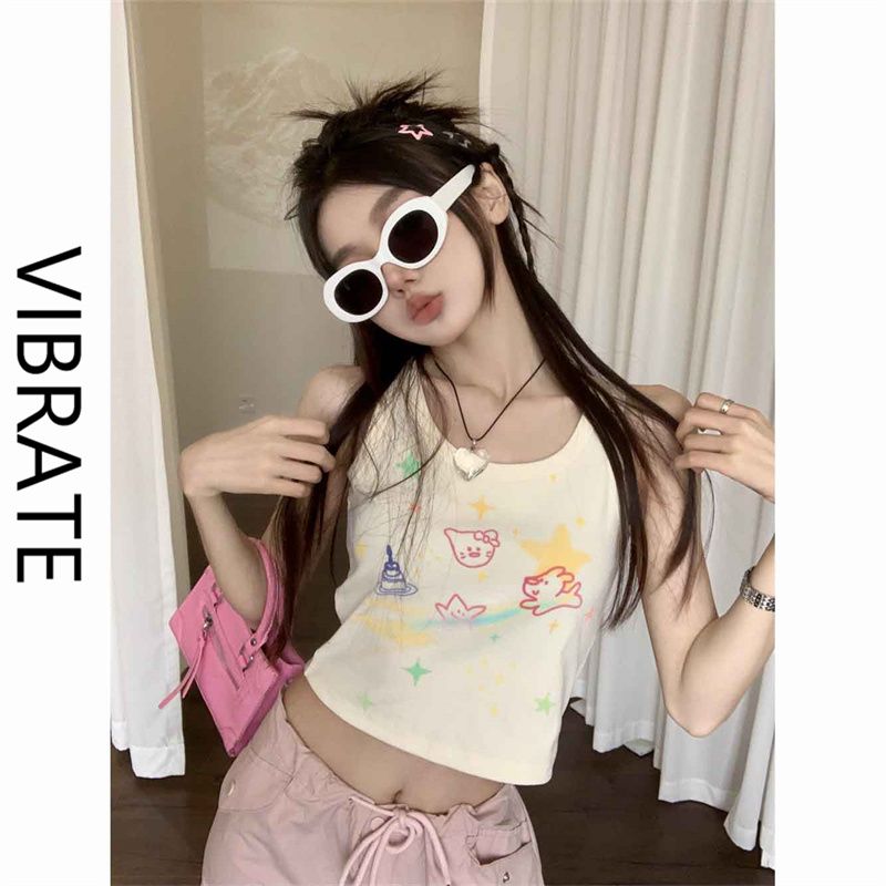 VIBRATE韓版設計感新款可愛卡通塗鴉印花顯瘦短款無袖小眾背心ins