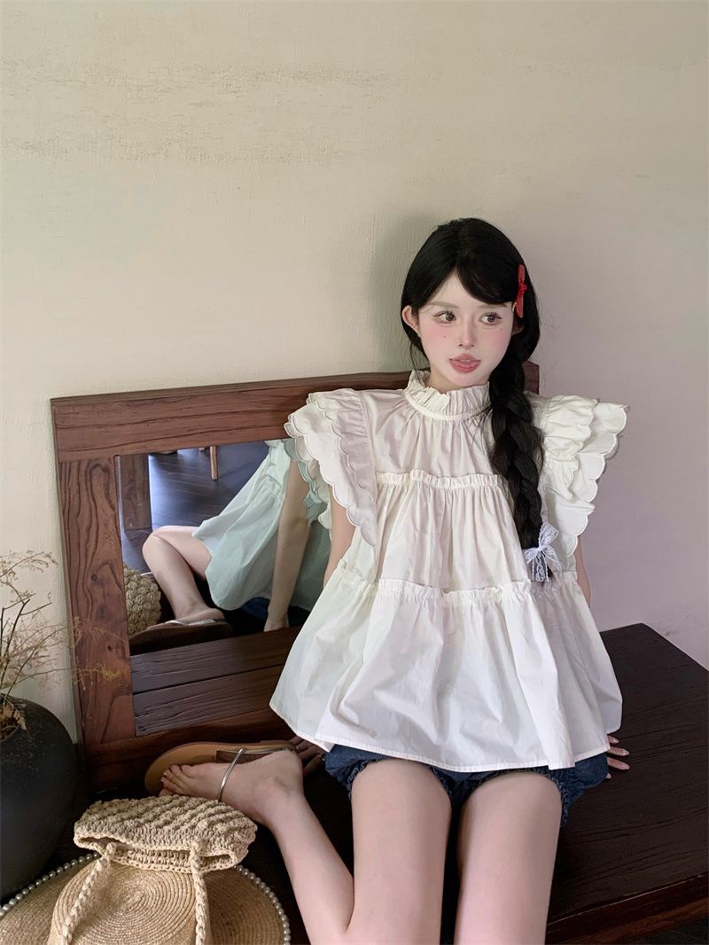 筱姿白色甜美立领飞飞袖衬衫设计感小众衬衣荷叶边娃娃衫上衣新款