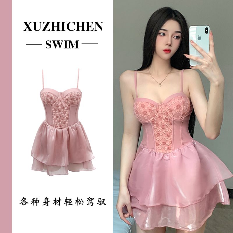 Swimsuit female Internet celebrity style 2023 new one-piece sexy hot spring small breasts gathered conservative slim skirt holiday swimsuit