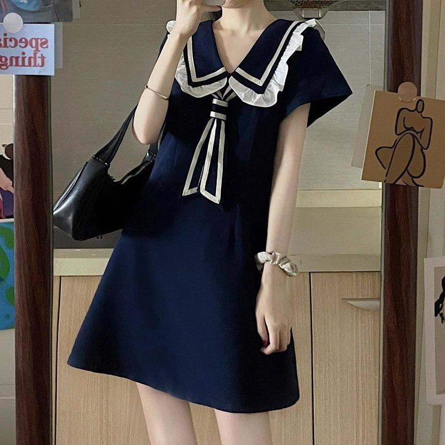 Doll collar junior high school girls dress western style age reduction cover meat waist summer new fat mm large size a-line skirt