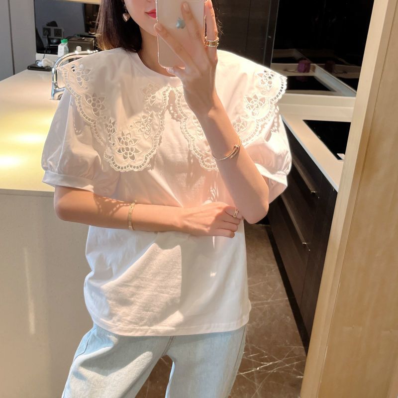 Lotus leaf flower doll collar ins style fashion short-sleeved T-shirt slightly fat MM loose design sense ins niche large size women's clothing