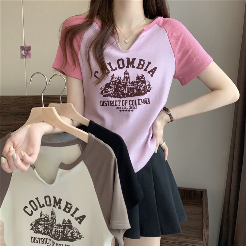 Slightly fat mm front shoulder top American temperament thin short v-neck short-sleeved t-shirt large size women's summer French top