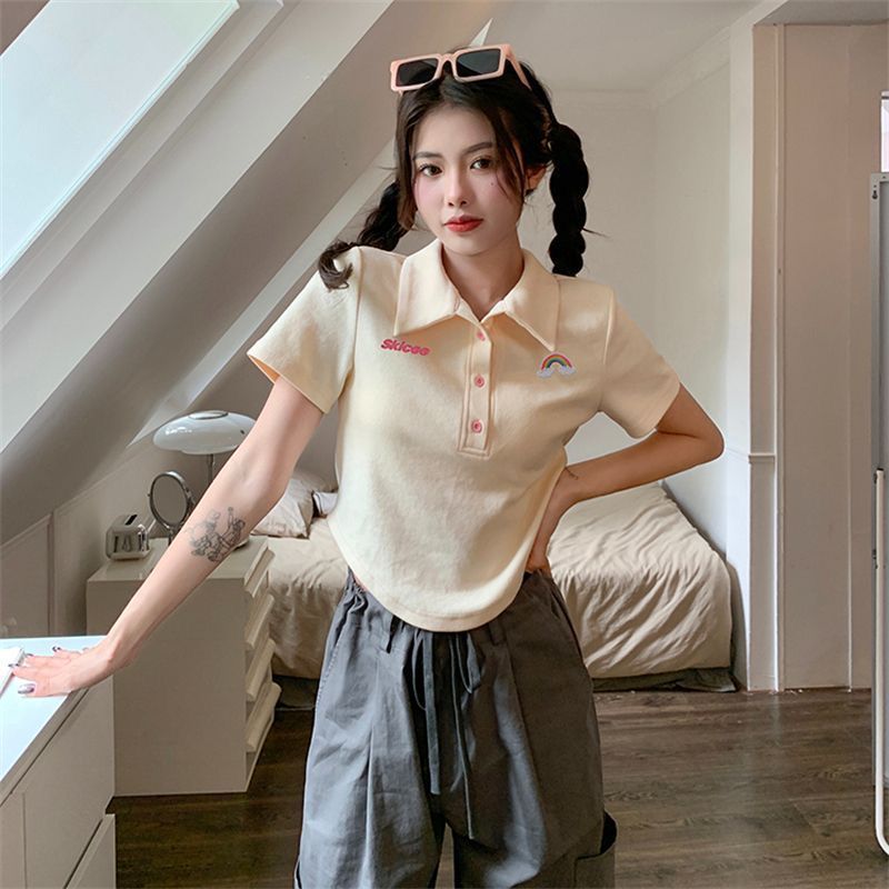 American style polo collar sweet and spicy short-sleeved front shoulder women's summer irregular design sense short section slim fit thin top trend
