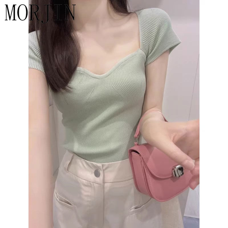 MORJIN pure desire wind sweet and spicy square collar knitted shoulder t-shirt short-sleeved women's summer Korean version of slim and thin short top