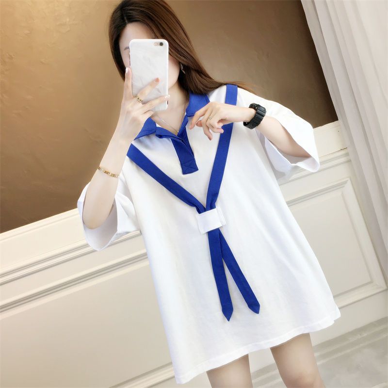 Dark blue short-sleeved top summer women's clothing Korean version loose large size slightly fat mm mid-length polo collar t-shirt girls