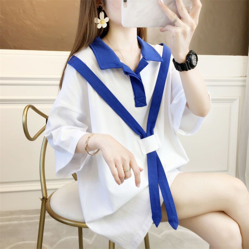 Dark blue short-sleeved top summer women's clothing Korean version loose large size slightly fat mm mid-length polo collar t-shirt girls