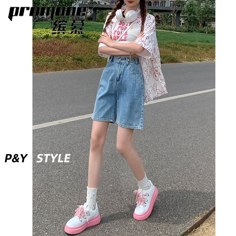 【PROMONE】高腰牛仔短褲夏季新款寬鬆闊腿顯瘦百搭a字薄款五分褲