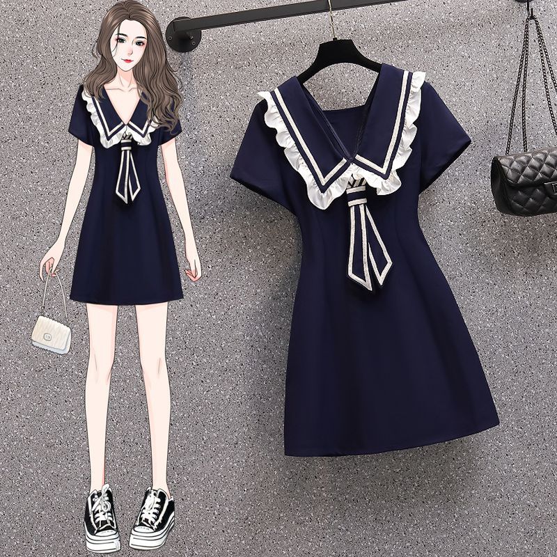 Navy style lace decoration slightly fat mm dress covering meat and showing thin summer small short skirt 150 short