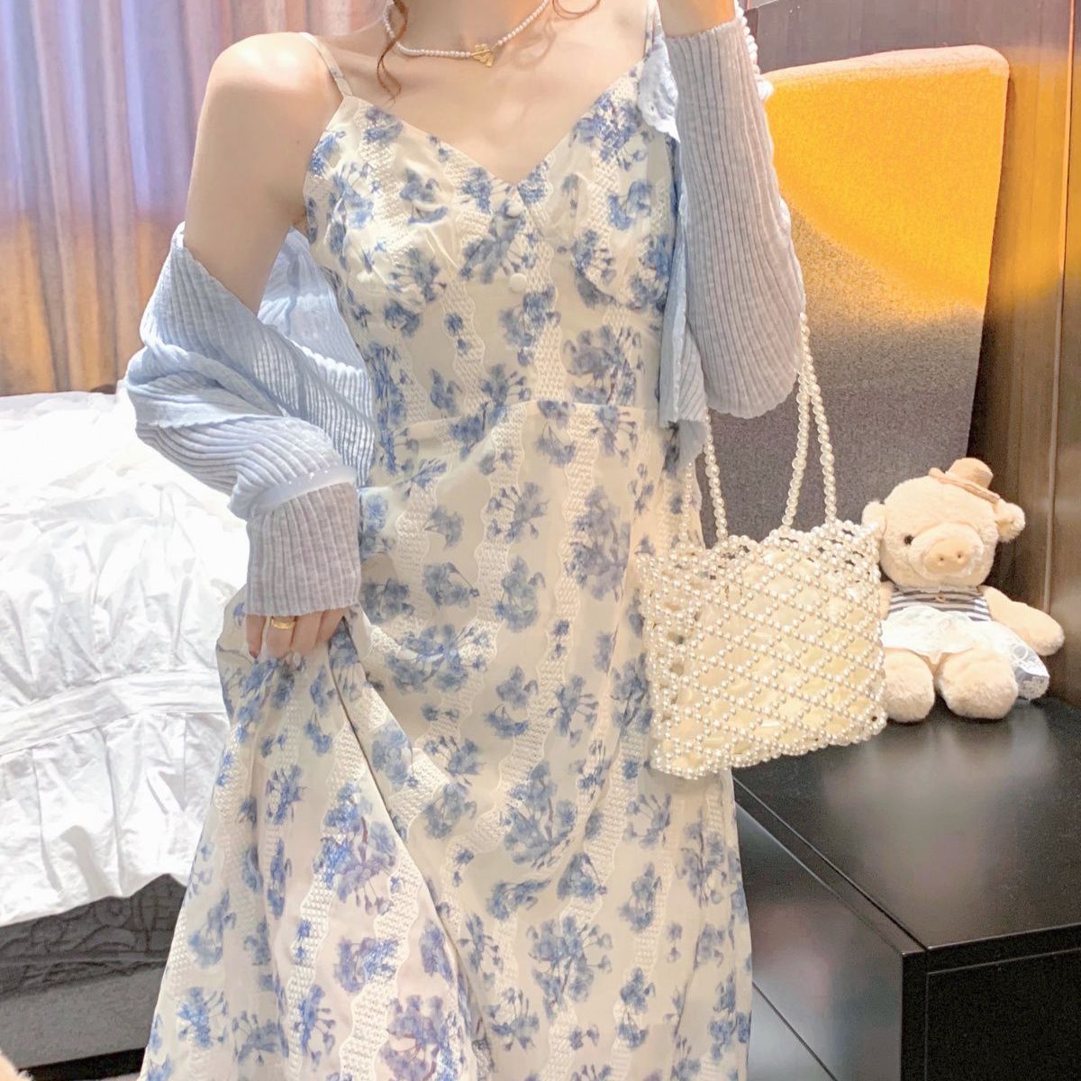 大碼女裝森系初戀裙法式氣質淑女碎花吊帶超仙連衣裙開衫兩件套裝